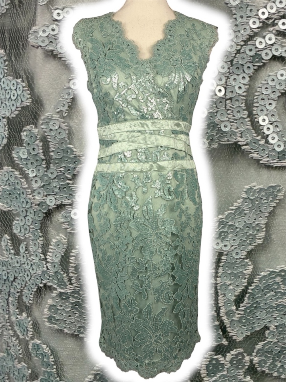 Tadashi Lace Sequin Sheath Dress 10P Petite Seafoam Green Surplice Paillette